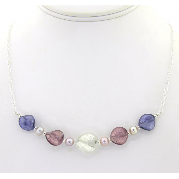 Artisan made sterling silver necklace purple venetian beads freshwater pearls