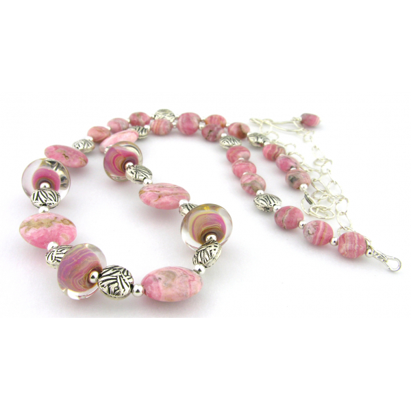 Handmade necklace and earrings set with pink rhodochrosite lampwork sterling