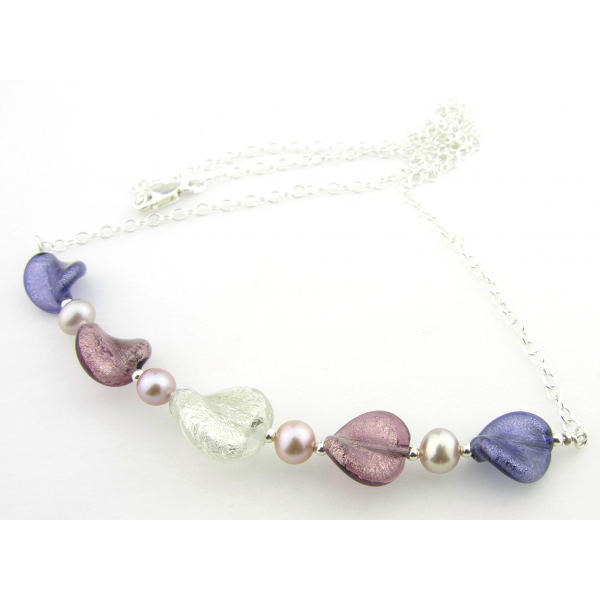 Artisan made sterling silver necklace purple venetian beads freshwater pearls