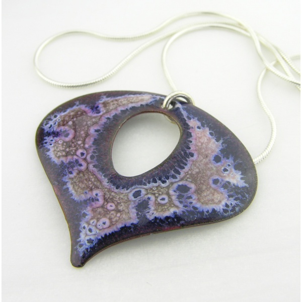 Artisan made blue, white, pink crackle enamel on copper necklace sterling