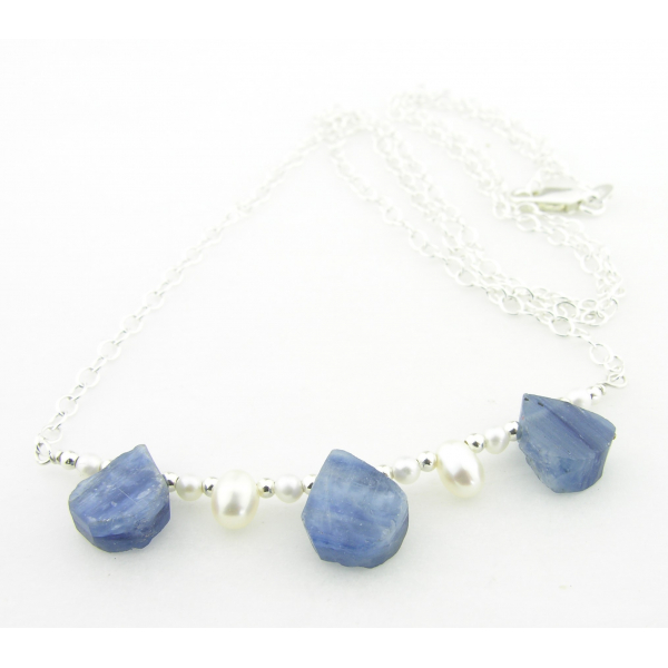 Artisan made sterling silver necklace blue kyanite rough white freshwater pearls