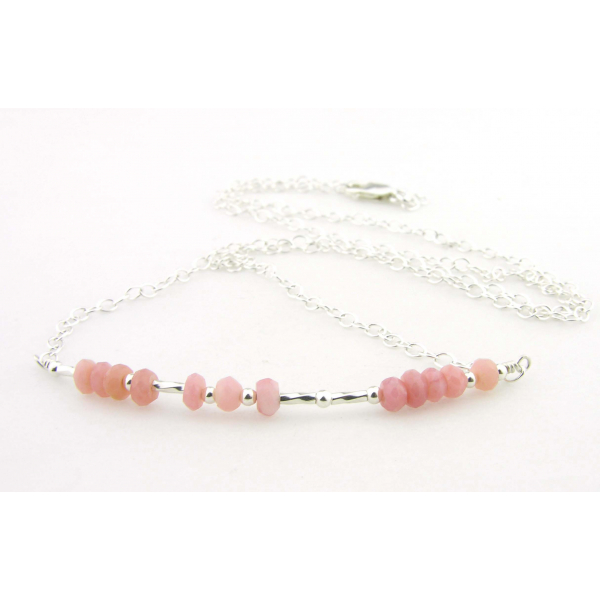 Artisan made sterling silver BREATHE morse code necklace with pink opal