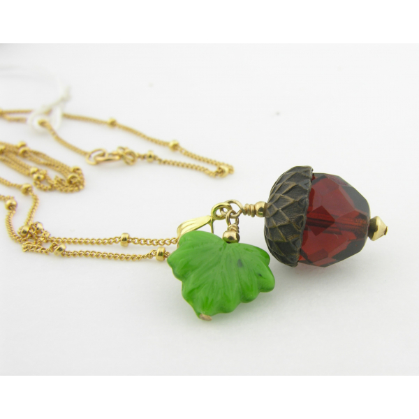 Handmade necklace with faceted brown glass acorn green glass leaf gold fill