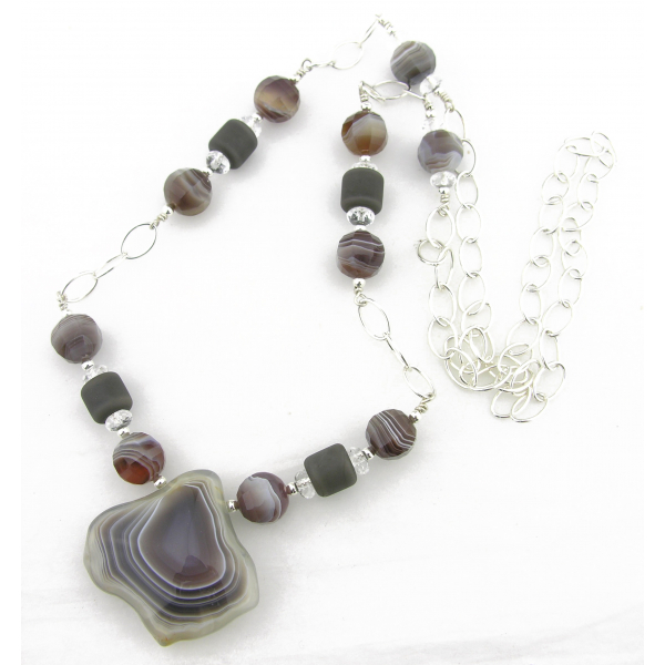 Artisan made botswana agate sterling silver necklace & crystal quartz lampwork