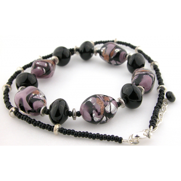 Handmade necklace earrings set with black purple Venetian bead onyx  sterling