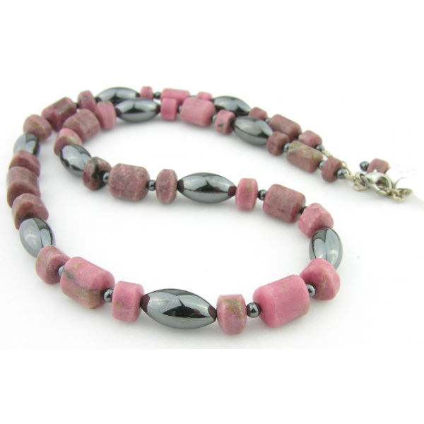 Handmade necklace metallic hematite, pink, black rhodonite gemstones sterling