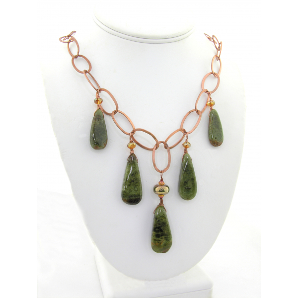Handmade necklace with artisan lampwork green garnet, copper chain, clasp, wire