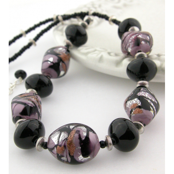 Handmade necklace earrings set with black purple Venetian bead onyx  sterling