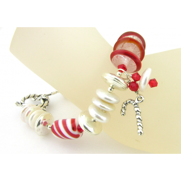 Handmade bracelet red white artisan lampwork disks pearls sterling silver