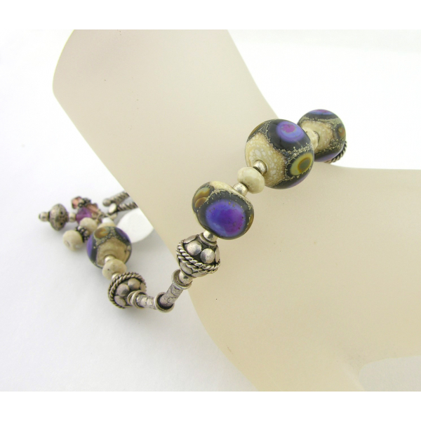 Handmade bracelet purple ivory brown gemstone artisan lampwork sterling silver