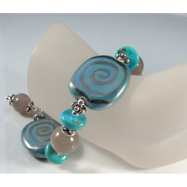 Handmade bracelet grey agate gemstone turquoise kazuri ceramic sterling silver