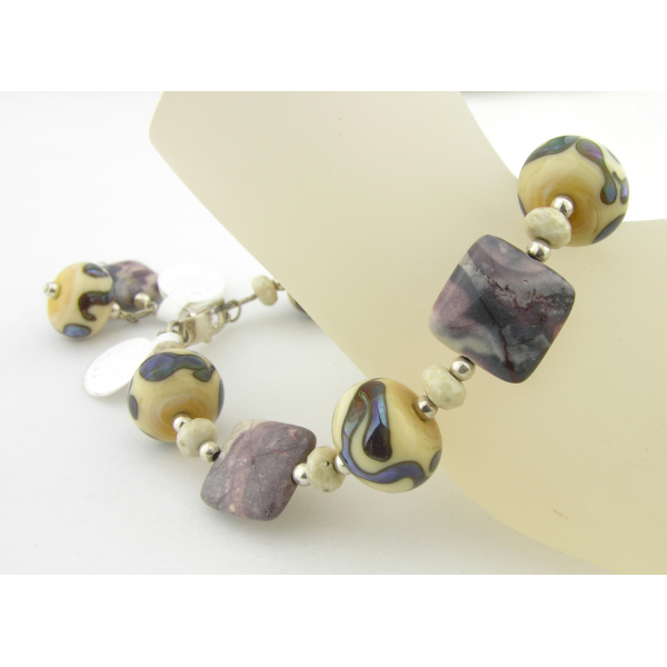 Handmade bracelet purple ivory jasper gemstone artisan lampwork sterling silver