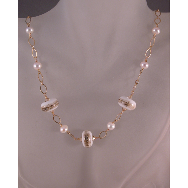 Handmade necklace with artisan lampwork pearls and gold fill chain, clasp, wire