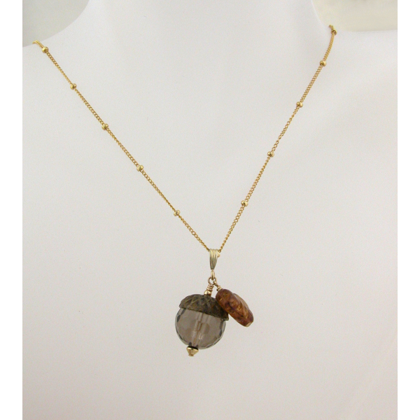 Handmade necklace with faceted smoky quartz acorn topaz glass leaf gold fill