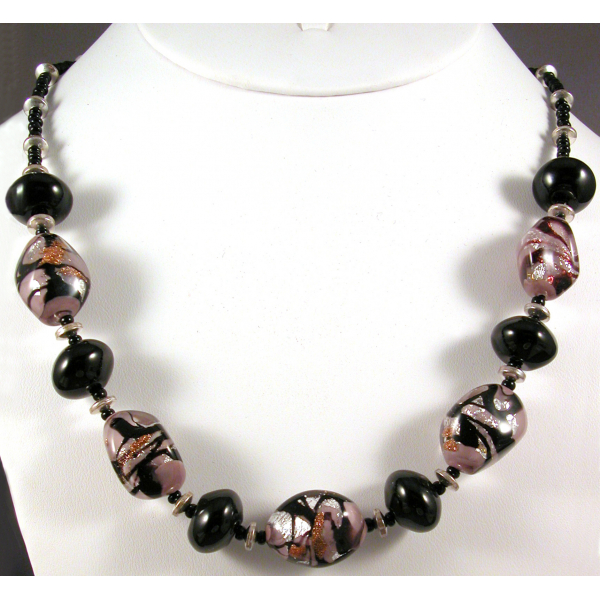 Handmade necklace earrings set with black purple Venetian bead onyx  sterling