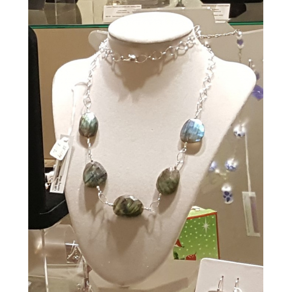 Handmade necklace faceted flat labradorite nuggets blue flash sterling silver