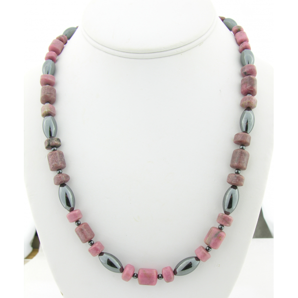 Handmade necklace metallic hematite, pink, black rhodonite gemstones sterling