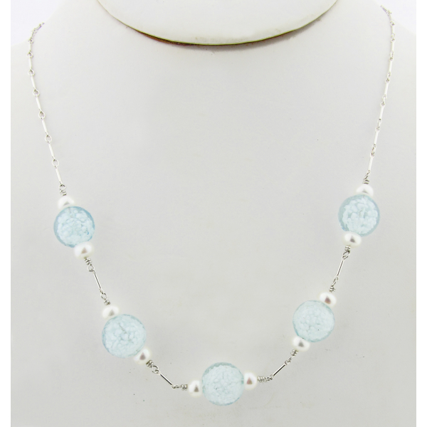 Artisan aqua white & silver necklace with Venetian glass beads freshwater pearls