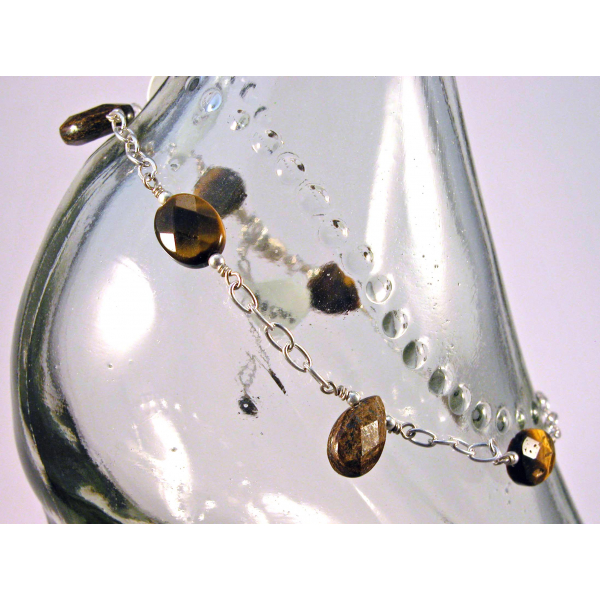 Artisan made sterling silver anklet brown tiger eye bronzite gemstones