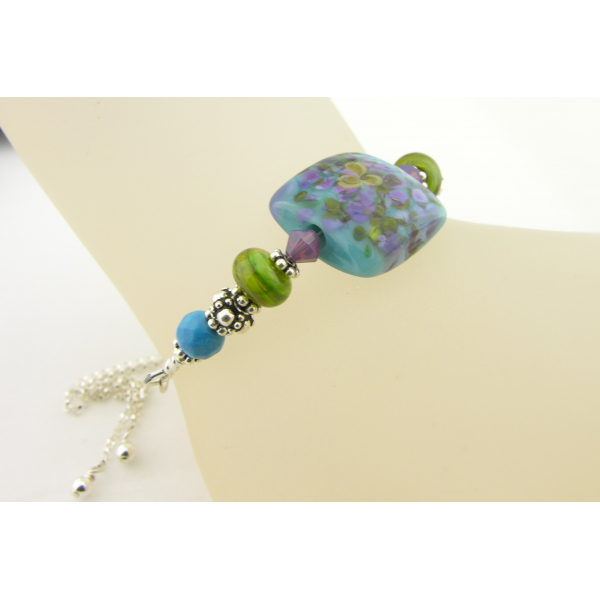 Handmade bracelet lime green turquoise blue purple lampwork crystal sterling