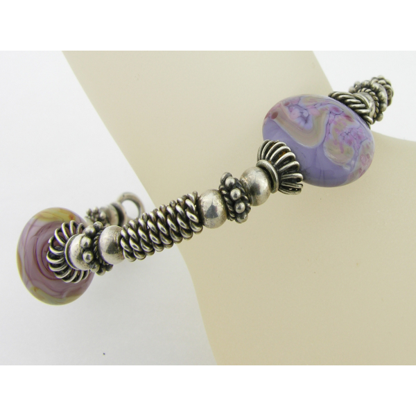 Handmade purple and silver bangle bracelet artisan lampwork and sterling silver