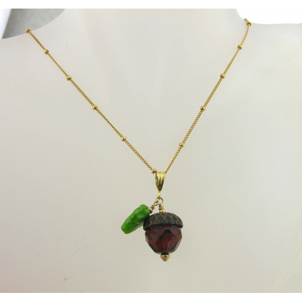 Handmade necklace with faceted brown glass acorn green glass leaf gold fill