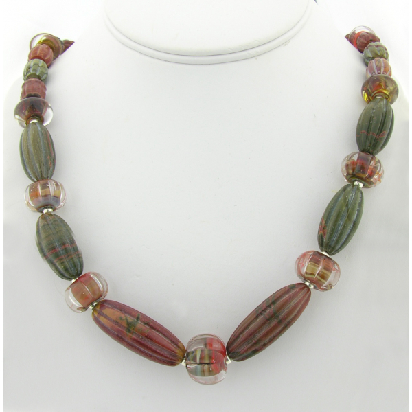 Handmade necklace with carved red creek jasper lampwork coral sterling