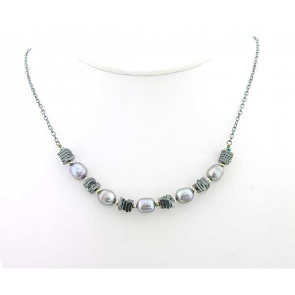 Artisan made black silver sterling silver necklace hematite freshwater pearls