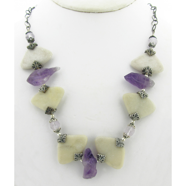 Artisan made statement necklace amethyst marble sterling silver