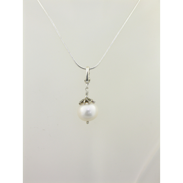 Handmade necklace with large freshwater pearl with marcasite cap, sterling