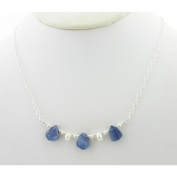 Artisan made sterling silver necklace blue kyanite rough white freshwater pearls