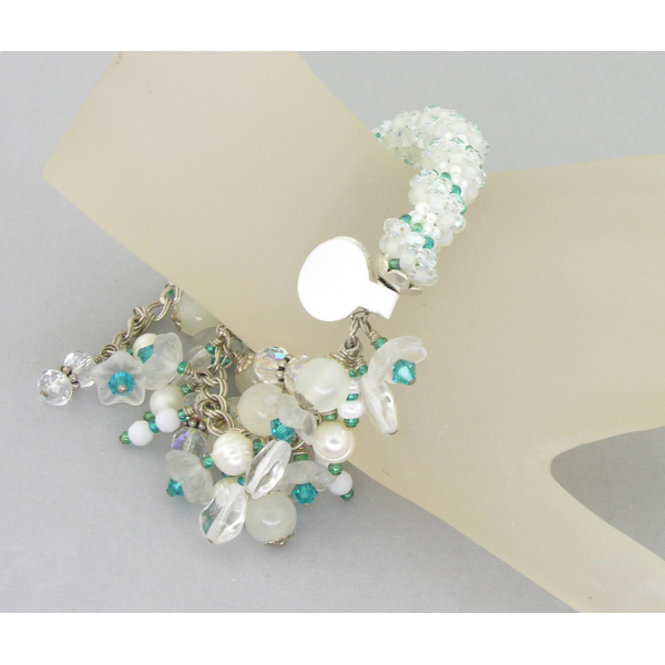 Handmade woven bracelet in white clear teal sterling silver twist crystal pearl