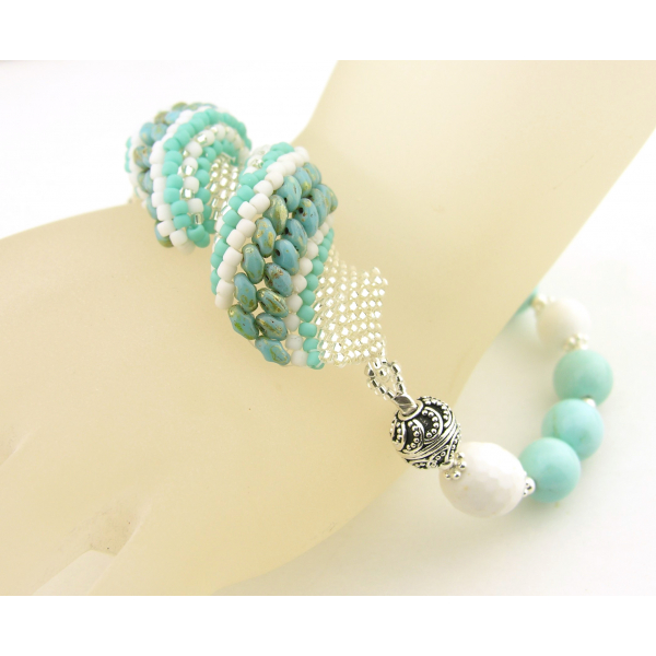 Turquoise & White Agate Gemstone Bracelet – Bead-Woven Spiral Design, Sterling Silver Clasp and accents Turquoise Twist Bracelet - turquoise, white, silver seed bead woven focal, agate