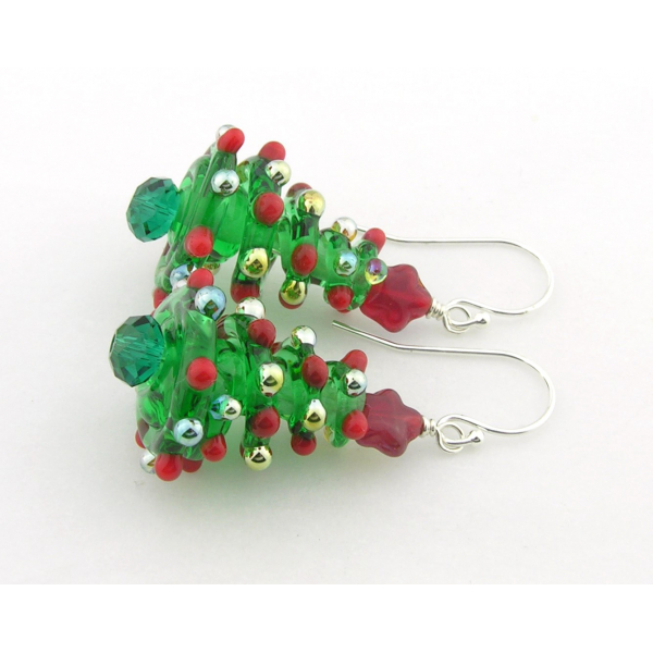 Handmade Christmas tree earrings with lampwork Swarovski crystals star sterling