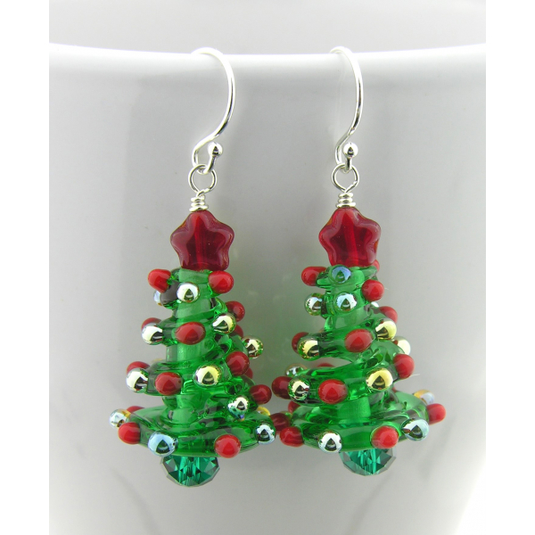 Handmade Christmas tree earrings with lampwork Swarovski crystals star sterling