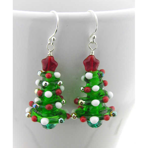 Handmade Christmas tree earrings with lampwork Swarovski crystals star sterling