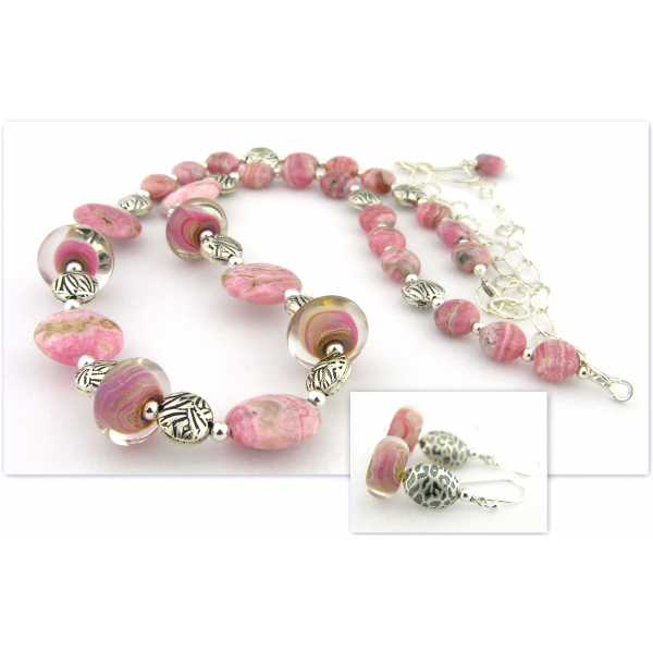 Handmade necklace and earrings set with pink rhodochrosite lampwork sterling