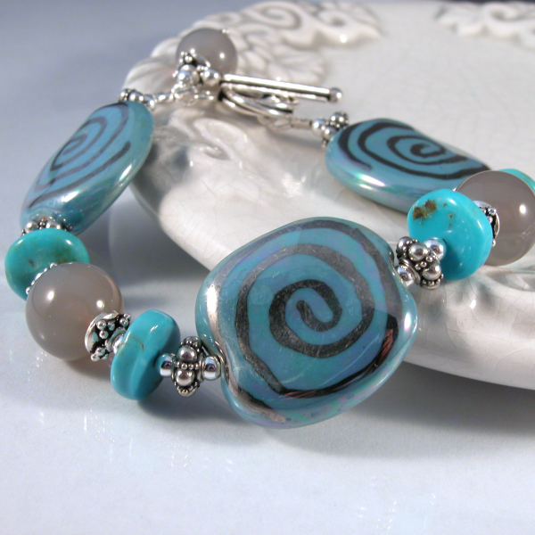 Handmade bracelet grey agate gemstone turquoise kazuri ceramic sterling silver