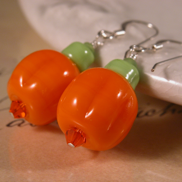 Handmade artisan halloween autumn earrings with orange pumpkins sterling silver