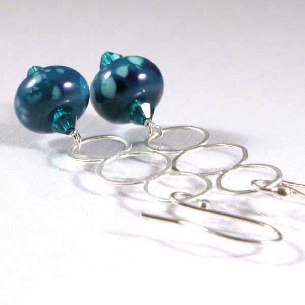 3 Ring Peacock Earrings - blue teal lampwork sterling silver circles