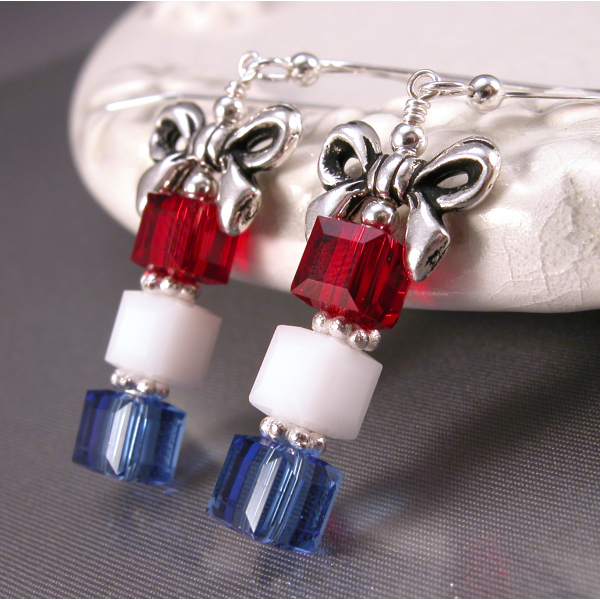 Handmade red white blue package earrings patriotic july4 sterling silver