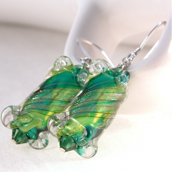 Artisan green short earrings with artisan furnace glass, Swarovski, sterling