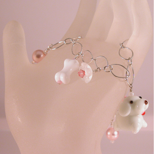 Handmade dog charm bracelet in white pink sterling silver crystal glass pearl