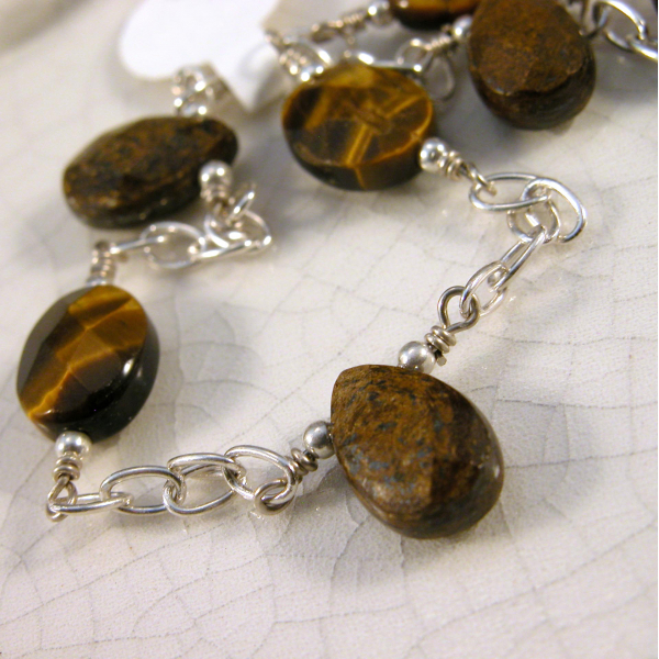 Artisan made sterling silver anklet brown tiger eye bronzite gemstones