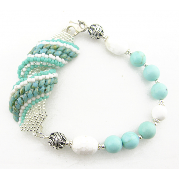 Turquoise & White Agate Gemstone Bracelet – Bead-Woven Spiral Design, Sterling Silver Clasp and accents Turquoise Twist Bracelet - turquoise, white, silver seed bead woven focal, agate