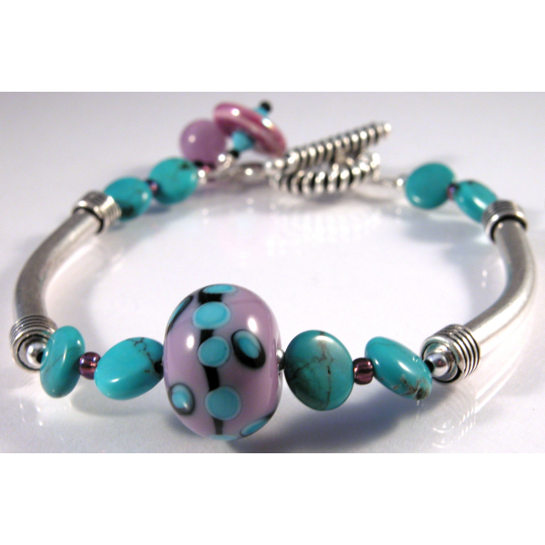 Handmade bracelet purple turquoise black artisan lampwork sterling silver