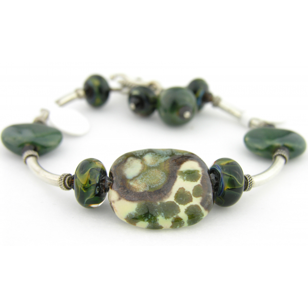 Handmade green and brown bracelet artisan lampwork Kazuri beads sterling silver