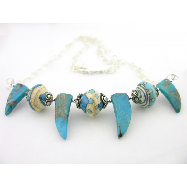 Artisan made sterling necklace with lampwork and sleeping beauty turquoise