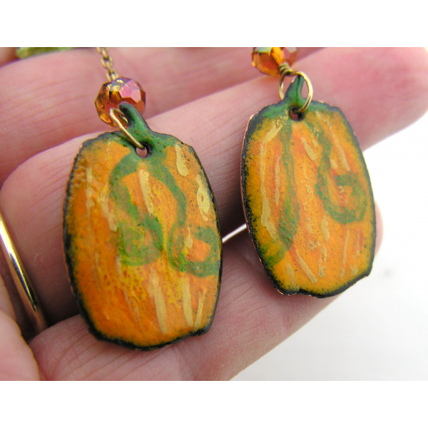 Handmade artisan autumn earrings with orange pumpkins and green leaves gold fill