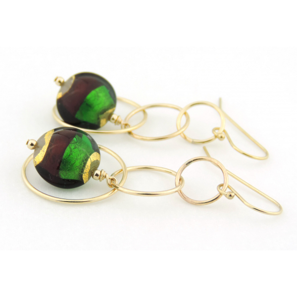 Artisan made red green gold earrings with Venetian beads and gold rings